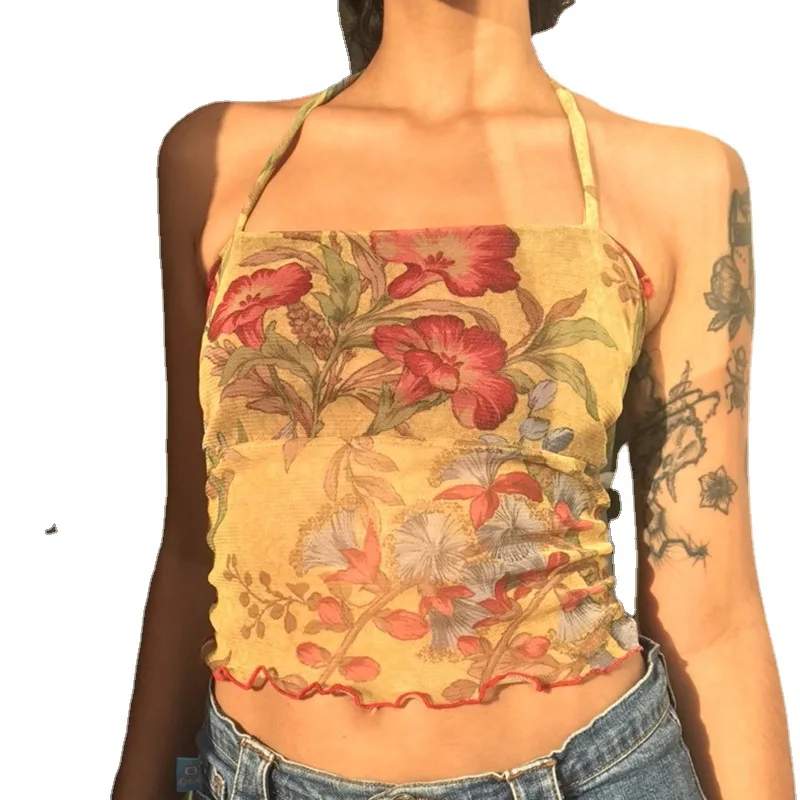 

2021 summer new women's screen perspective printing cross Neck Lace Up Halter vest