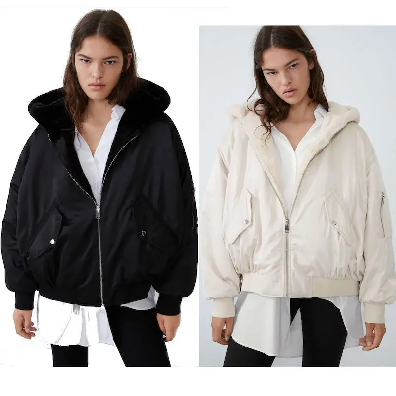 

Woman Za 2020 Winter Female Bomber Jacket Double Sided Hooded Parka Coat Thickening New Fashion Long Sleeve Female Ladies Parka