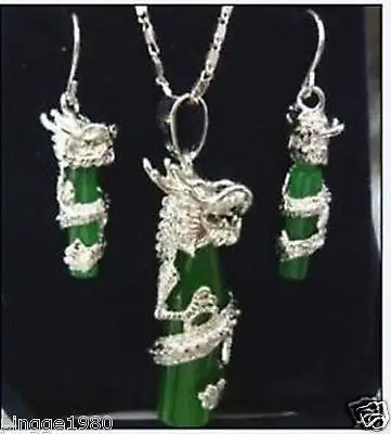 

new Style Hot sale**** green jade silver plate dragon Necklace earring set Fashion Wedding Party Jewellery
