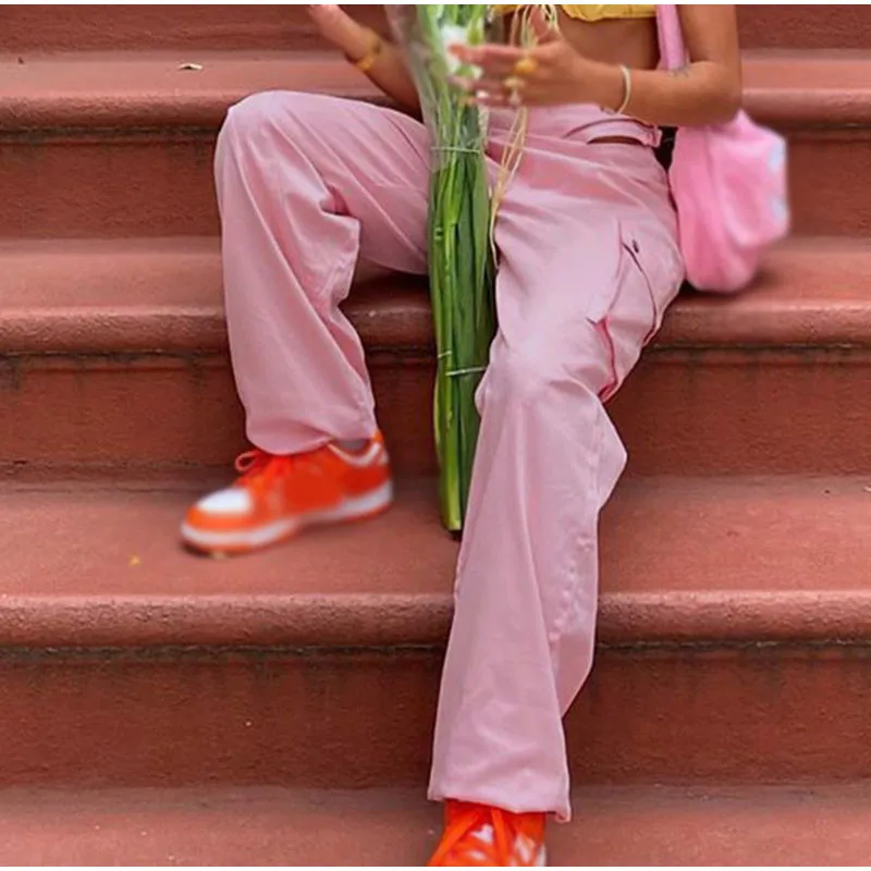 

Women Trousers Loose Casual Bottoms Sexy Fashion Hollow Out Cargo Pants Femme Hot 2021 Long Pants with Pockets Streetwear