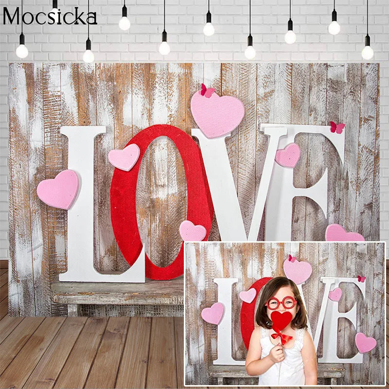 

Mocsicka Valentine's Day Wooden Wall Photography Background Love Heart Decorative Props Child Adult Portrait Romantic Backdrop
