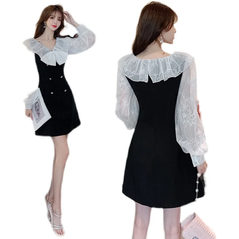 

COIGARSAM Patchwork Women one-piece dress korean New Bow Dresses Black 6996