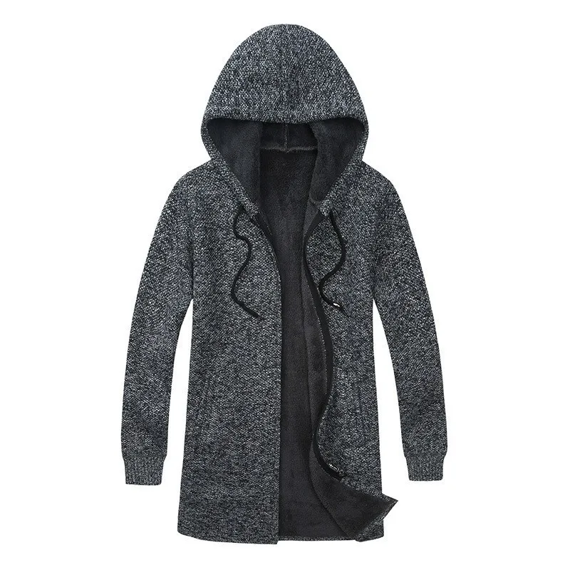 Winter Casual Thick Fleece Lining Mens Medium Length Trench Coats Long Sleeve Knitting Male Hooded Streetwear Plus Size | Мужская одежда
