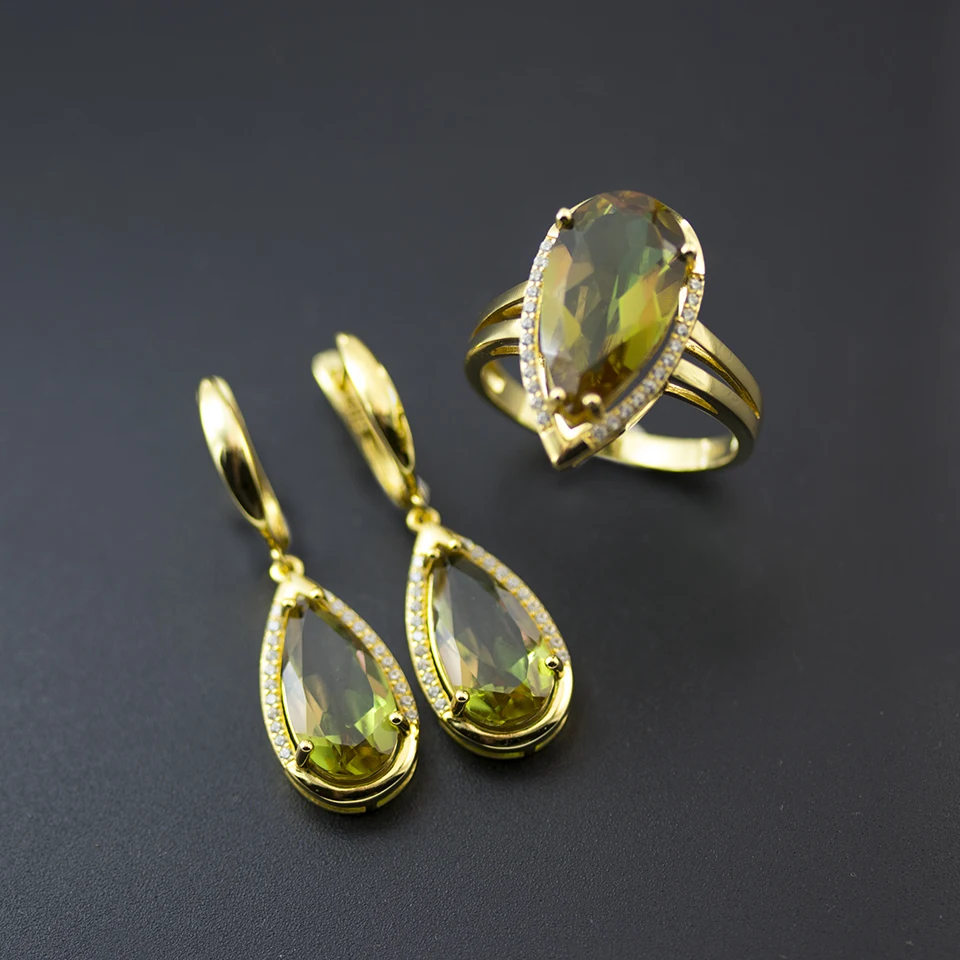Jewelry Sets Bolai, меняющий цвет, zultanite, ювелирный набор, серебро 925 пробы, создан diaspore, висячие серьги, кольцо, желтое золото, драгоценный камень для женщин - Цвет камня: Jewelry Sets