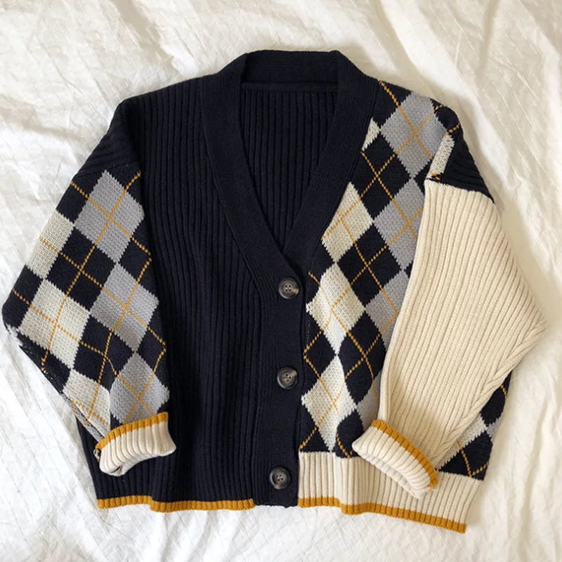 

Autumn Argyle Plaid Knitted Women's Cardigan V-Neck Patchwork Geometric Panelled Female Sweaters 2021 Trend Korean Lady Sweater