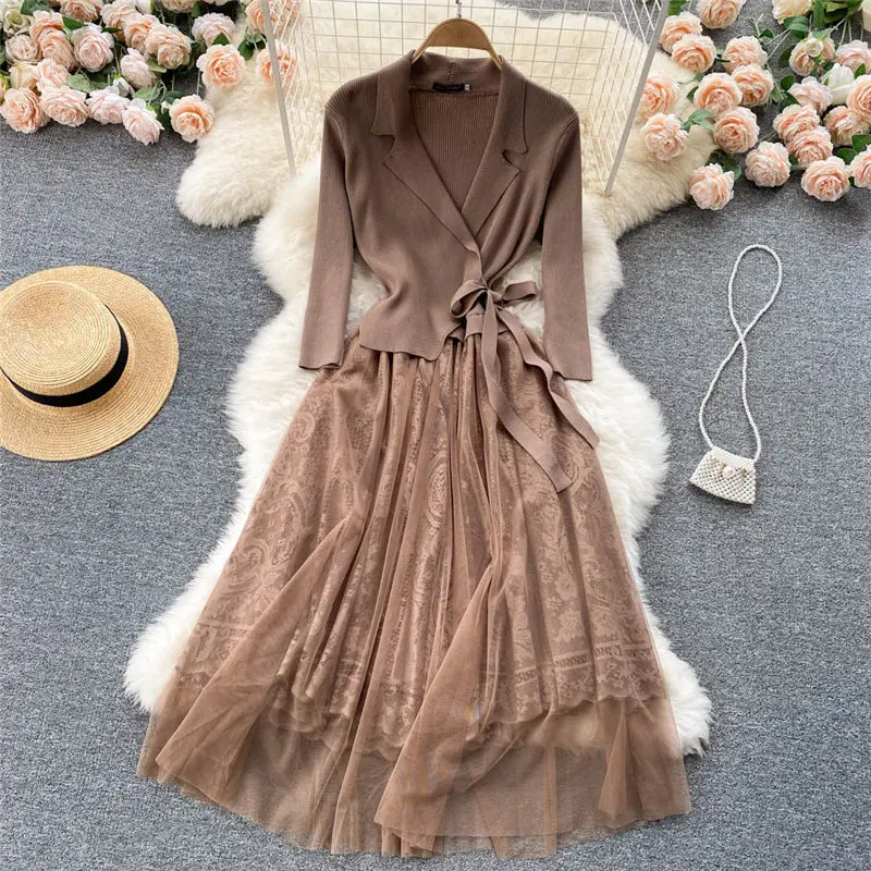 

OL Fashion Ladies Knitted Long Sleeve Dress Stitching Mesh Fake 2 Piece High- Quality Lace Up Waist Mid-Length Suit Dress M1673