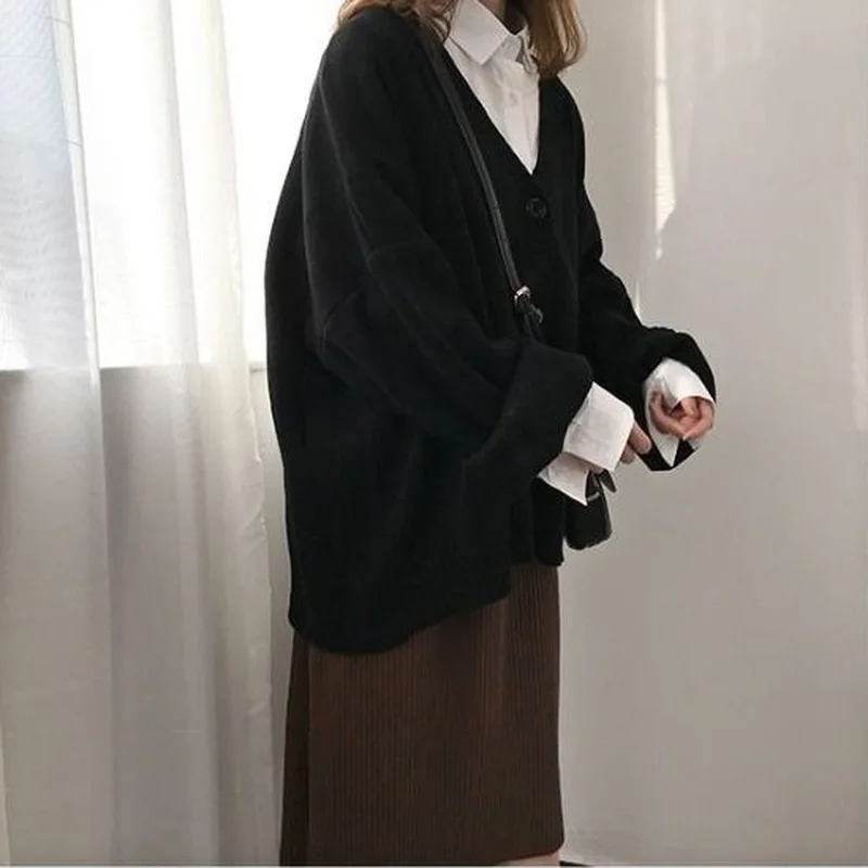 

Cardigan Women Knitting Casual Spring 2021 V-Neck Long Sleeve Solid Loose Korean Style College High Quality All-match Female New