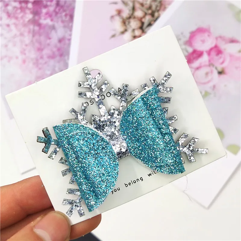 

1PCS Lovely Snowflake Leather Glitter 2.8 Inch Bow Elastic Hair Band Hairpin Dance Party Korean Hair Accessories For Baby Girl