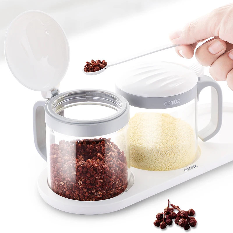 

CAMUZ Seasoning Jar Set With Serving Spoon Kitchen Storage Condiment Container Salt Sugar Spice Glass For Kitchen Supplies