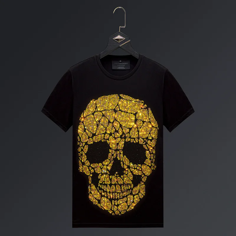 

Size 2021 Plus Fashion Skulls Rhinestones T Shirts Men Brand Short Sleeve Man Streetwear O Neck Slim Tshirts Camiseta Masculina
