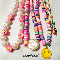 2021 new colorful soft pottery clavicle choker pearl necklace for women boho rainbow smiley flower beaded necklace beach jewelry