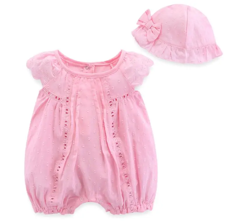 Летняя одежда для маленьких девочек комбинезон крещения боди + шапочка Одежда