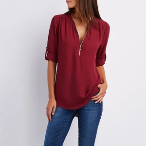 Блузка-туника женская с длинным рукавом, шифоновая Повседневная Однотонная рубашка на молнии, Одежда большого размера плюс, осень 2021