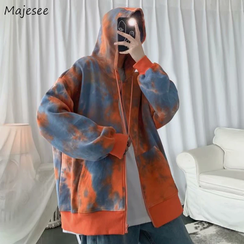 

Толстовки с капюшоном для мужчин, Модные свободные свитшоты на молнии с градиентным переходом цветов, в стиле хип-хоп, в Корейском стиле оль...