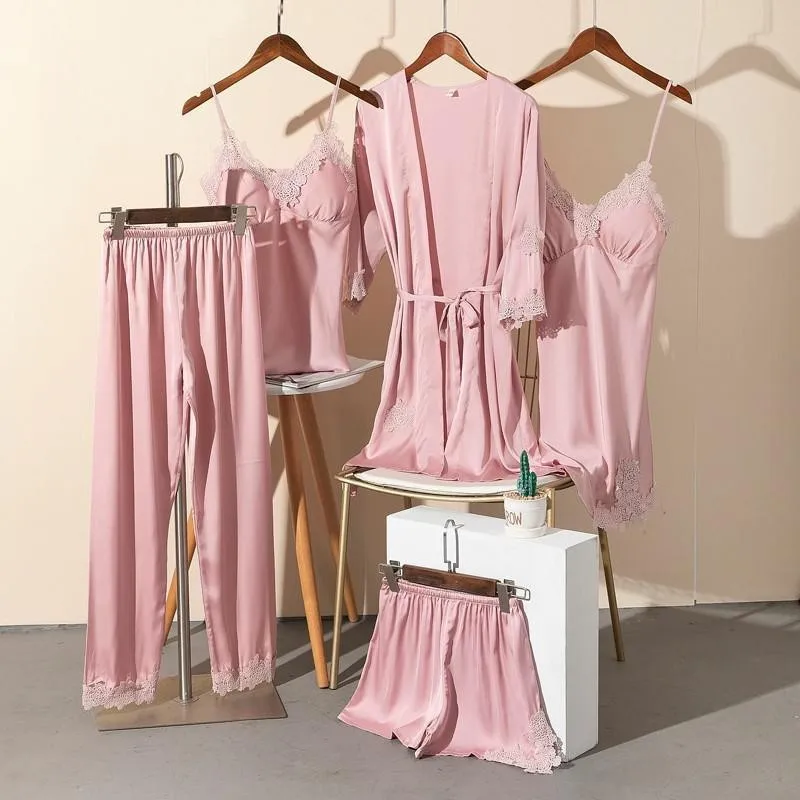 

Summer New 5PCS Women Loungewear Faux Silk Pajamas Set Loose Kimono Gown Satin Intimate Lingerie With Lace Pyjamas Homewear