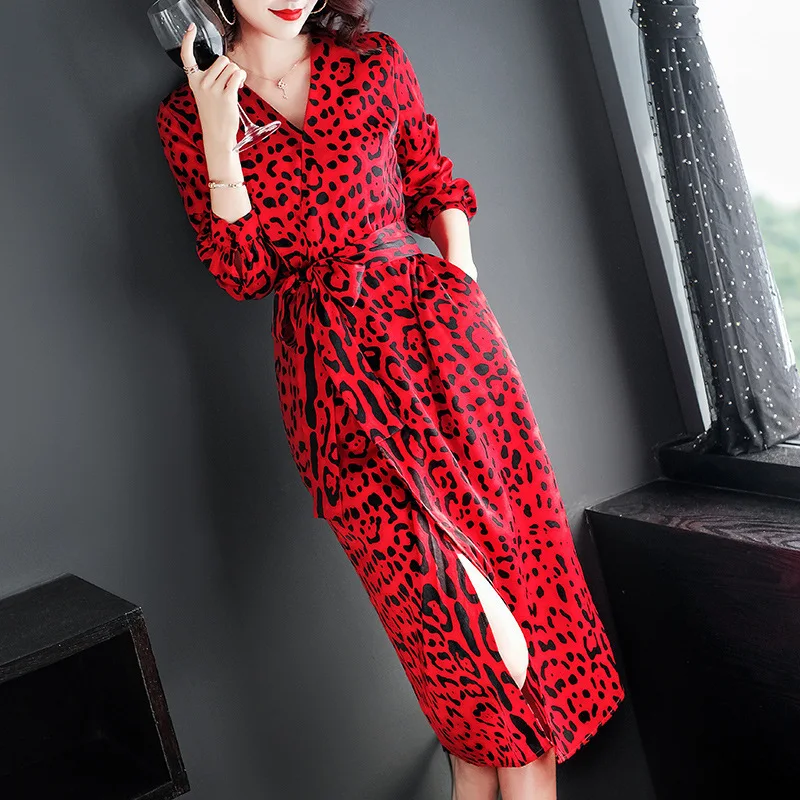Женское леопардовое платье в стиле ретро на весну-лето 2020 Красное Длинное