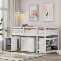 Twin Size Bed Frame Low Study Loft Bed with Cabinet and Rolling Portable Desk 78"L x 43"W x 45"H White/Gray/Espresso[US-Depot]