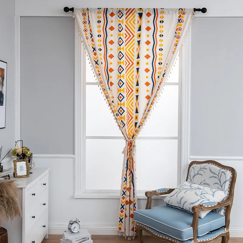 

Bohemian Style Tulle Striped Curtain Geometric Tassels Wear rod Printing Curtains for Living room Bedroom Kitchen Decor Drapes