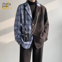 new men plaid blazer casual man blazers loose clothing men lapel korean mens casual suit coats blazer streetwear