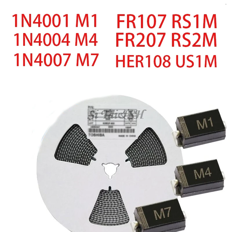 100 шт. SMA выпрямительный диод 1N4001 M1 1N4004 M4 1N4007 M7 FR107 RS1M FR207 RS2M HER108 US1M SF18 ES1J SF14 ES1D DO-214AC