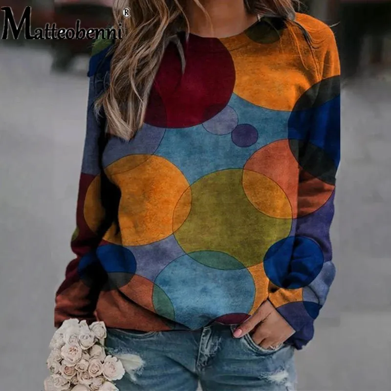 

Big Size 5XL Women T Shirt Casual Long Sleeve Printed Fashion Pullover Geometric Circle Print Tops 2021 Spring Loose T Shirt