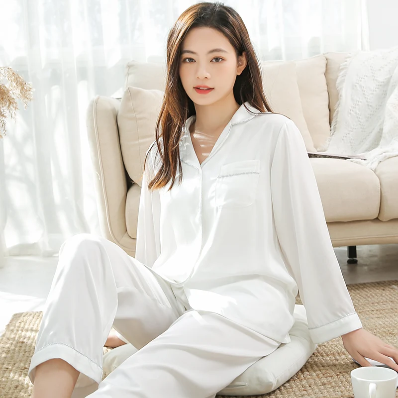 2021 New Women Ice Silk Pajamas Sets for Spring&Summer 2 Pcs Pyjamas Suit Female Sleepwear Home Clothes Satin Silk Pijama Mujer