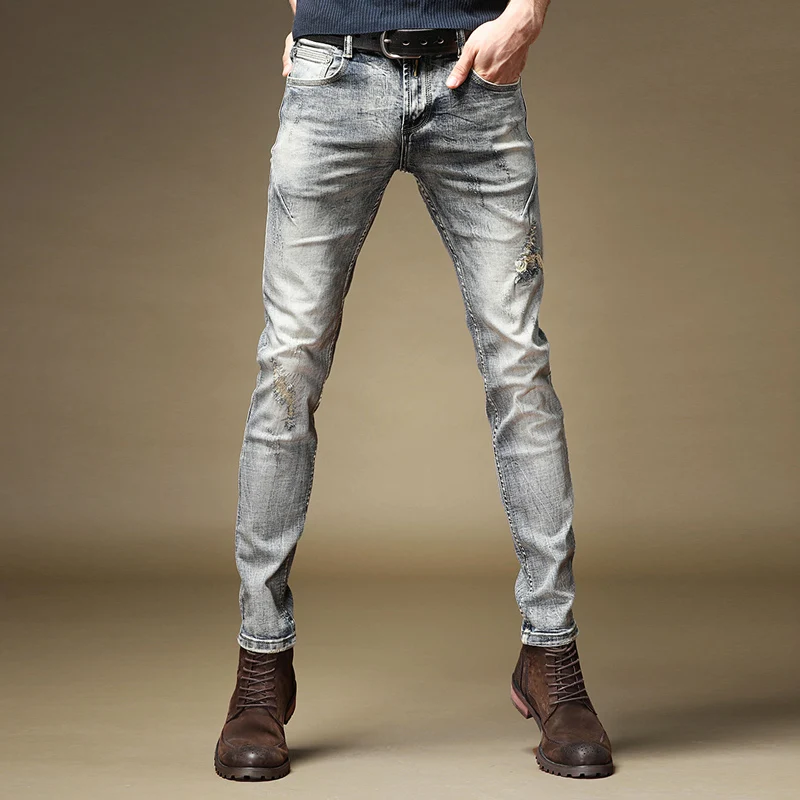 Italian Style Fashion Men Jeans High Quality Elastic Cotton Slim Fit Retro Washed Ripped Jeans Men Vintage Designer Denim Pants
