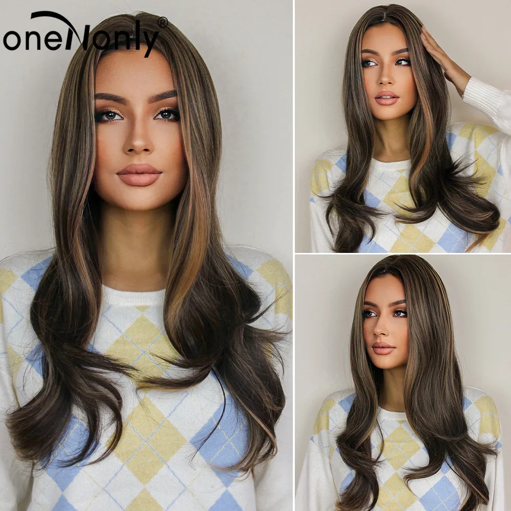 

oneNonly Long Ombre Brown with Highlight Wig Body Wave Middle Part Synthetic Wigs for Women Cosplay Natural Hair Heat Resistant