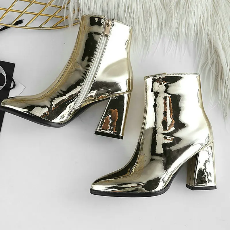 

Женские ботильоны из лакированной кожи, золотистые, серебристые, черные ботинки на толстом каблуке с боковой молнией