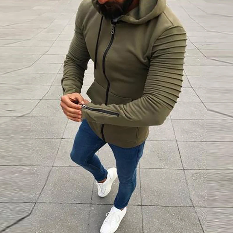 

Autumn Men Solid Zipper Sweatshirt Tops Male Casual Drawstring Winter Hoodies Fashion Pleated Long Sleeve Hooded Coat Streetwear
