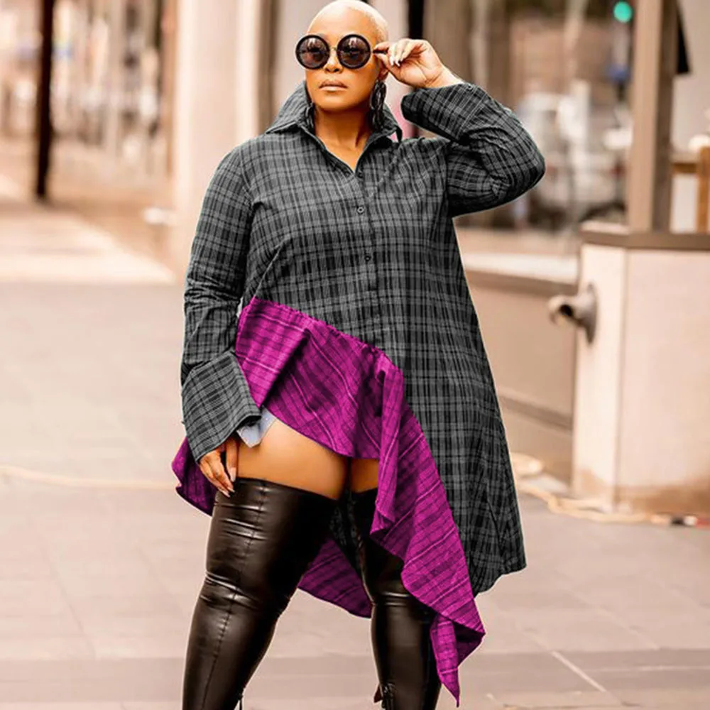 

Осенняя Новинка 2021, блузка в африканском стиле в клетку, модная Женская Асимметричная однобортная Повседневная Женская блузка с длинным ру...