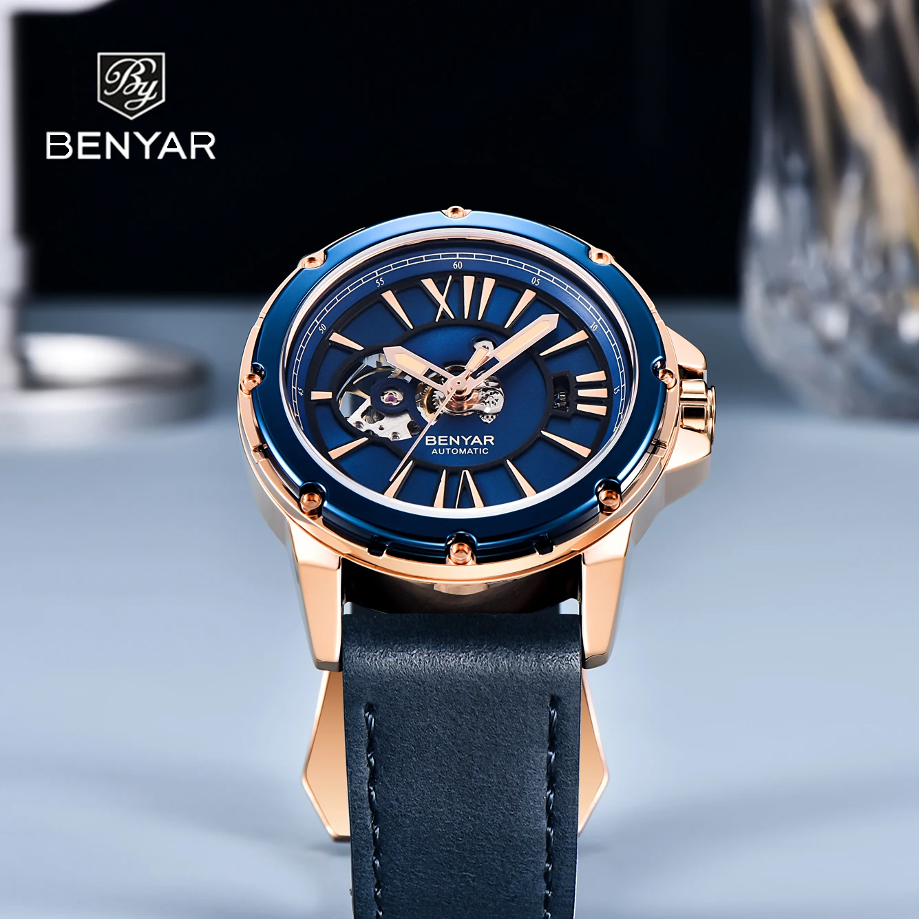Benyar 2021 New Fashion Leisure Men' Mechanical Watch High Grade Leather Stainless Steel Waterproof Automatic Watch Reloj Hombre