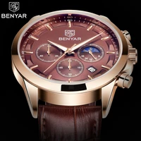 benyar 30m waterproof mens watch top luxury men rose gold chronograph military wrist watch leather quartz watches male clock new