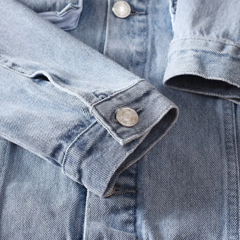 

New Spring Mens Denim Jacket Wash Distressed Light Blue Multiple Pocket Cargo Jackets Slim Printed Long Sleeve Jean Outerwear