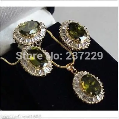 

Wholesale price ^^^^Olive green crystal pendant necklace Stud earring Ring Sets + Free Chain