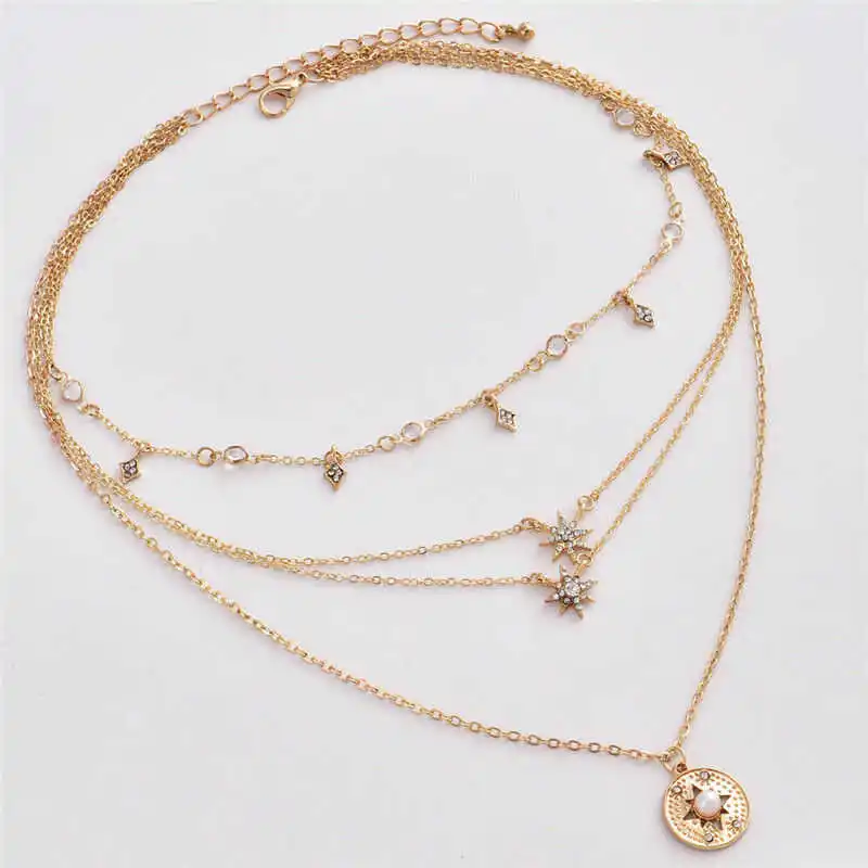 

Vintage Multilayer Crystal Pendant Necklace Women Gold Color Beads Moon Star Horn Crescent Choker Necklaces Jewelry New