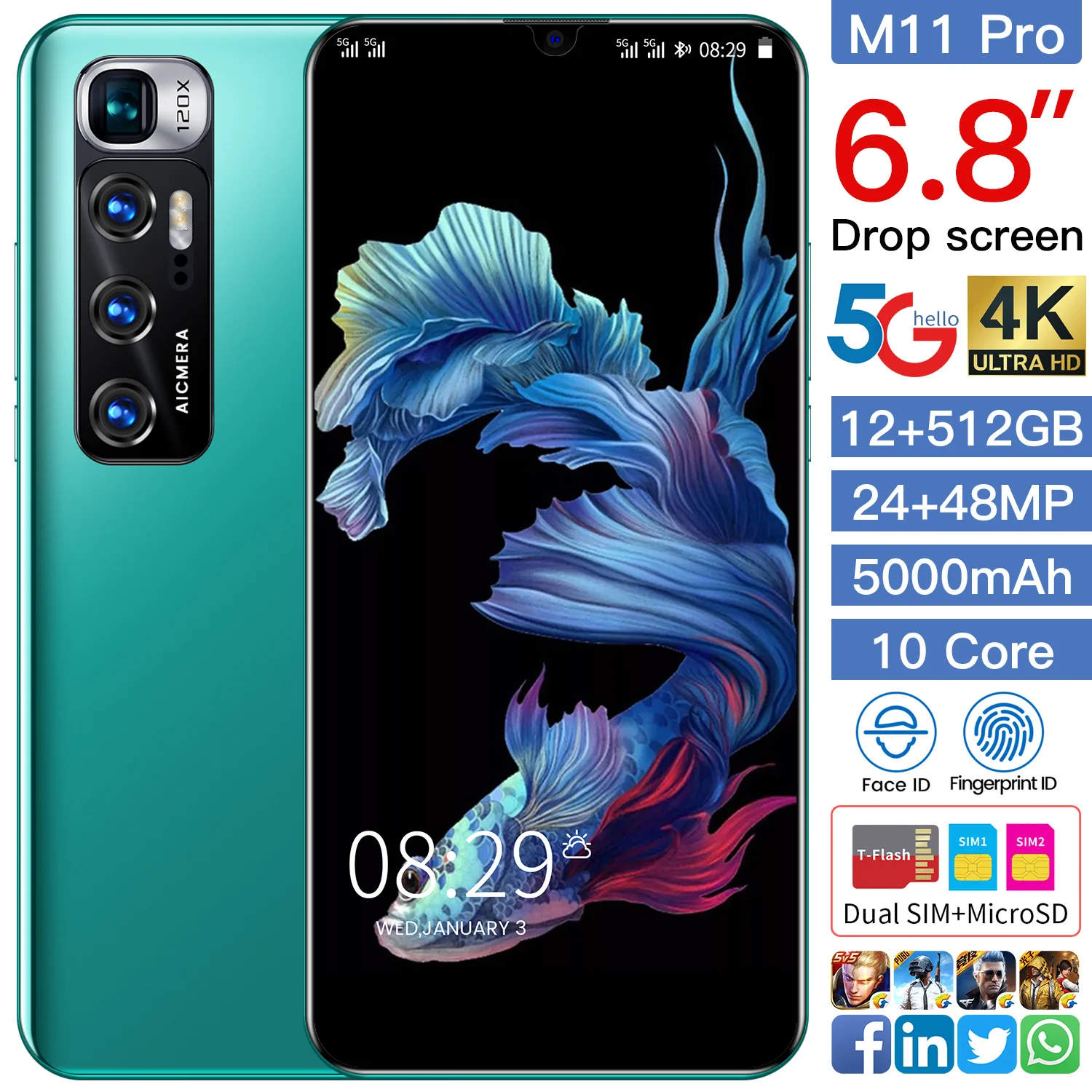 

M11 Pro 6.8 Inch Global Version Smartphone 12GB 512GB 24MP 48MP Face ID Android 10 10 Core 5000mah Snapdragon 888 Mobile Phone