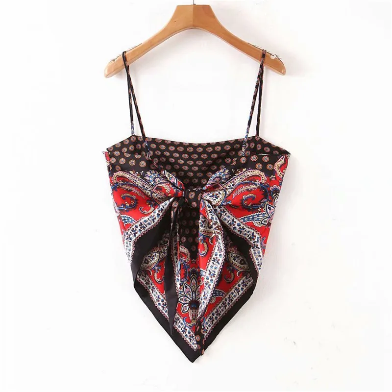 

2021 new fashion women's European and American retro totem print small sling summer sexy open back knotted top