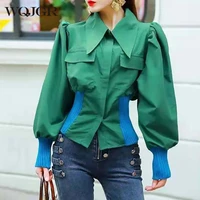 wqjgr fashion woman blouses 2022 long sleeve spliced turn down collar shirts for women greenfemale shirts tops spring autumn