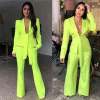 bright yellow women suits 2 pieces party suit with belt deep v neck fashion real image coatwide leg pants