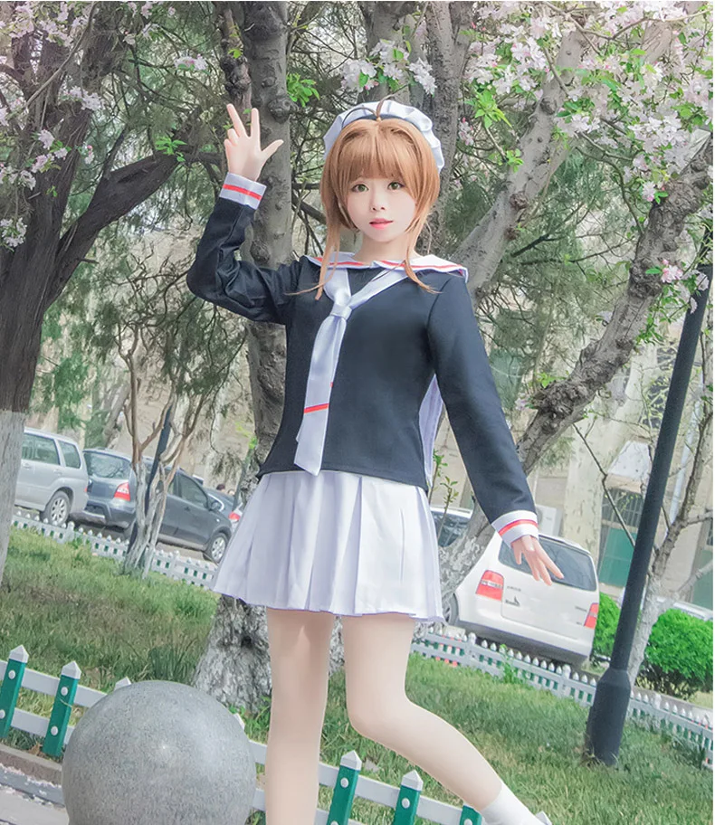 

New Cardcaptor Sakura Girl Sailor School Uniform Cosplay Costume with Hat Full Halloween Carnival Party Uniform Set