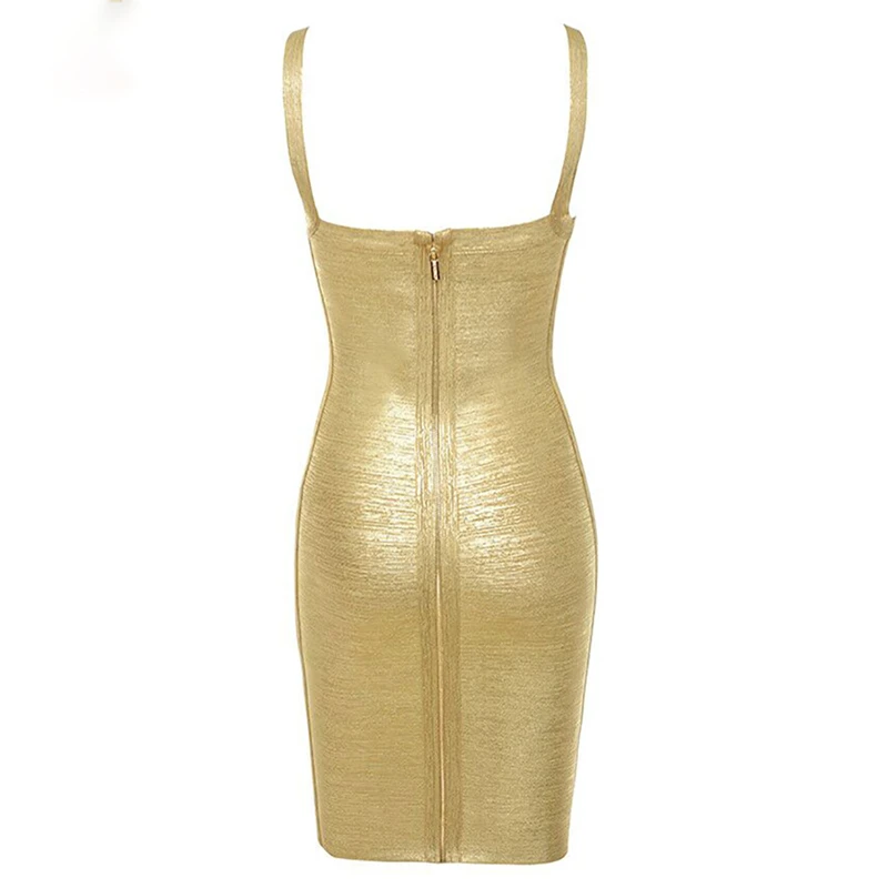Женское облегающее платье золотистое с глубоким V образным вырезом для ночного
