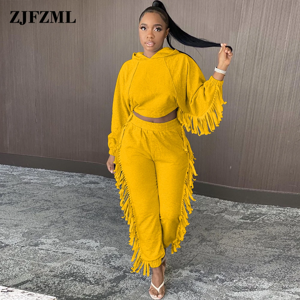 

Casual Harajuku Solid Two Piece Pant Suit Women Tracksuit Tassels Splice Hooded Long Sleeve Hoodie+jogger Trouser Athleisuit Set