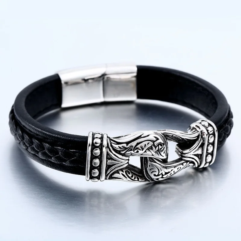 Мужской кожаный браслет Thor's Hammer Link плетеный с магнитной пряжкой в стиле панк