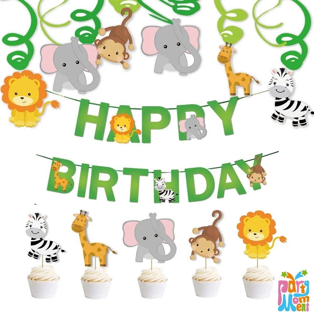 

Jungle Safari Cupcake Topper Happy Birthday Banner Animal Cake Flags For Birthday Party Decorations Kids Boy Favors Supplies