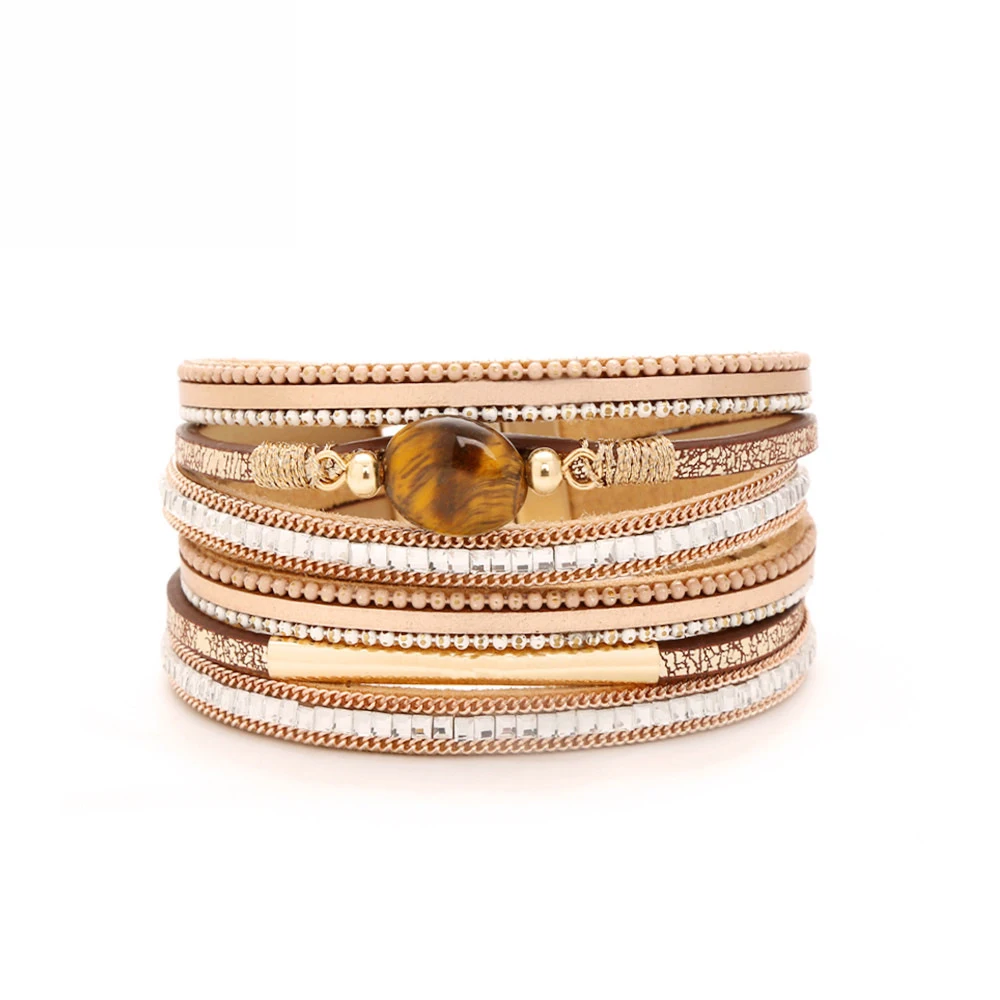 

Magnet Buckle Women Bracelet Gift Charm Wrap Cuff Bangle Multi Layer Shiny Daily Beads Tube Jewelry Fashion PU Leather Girl