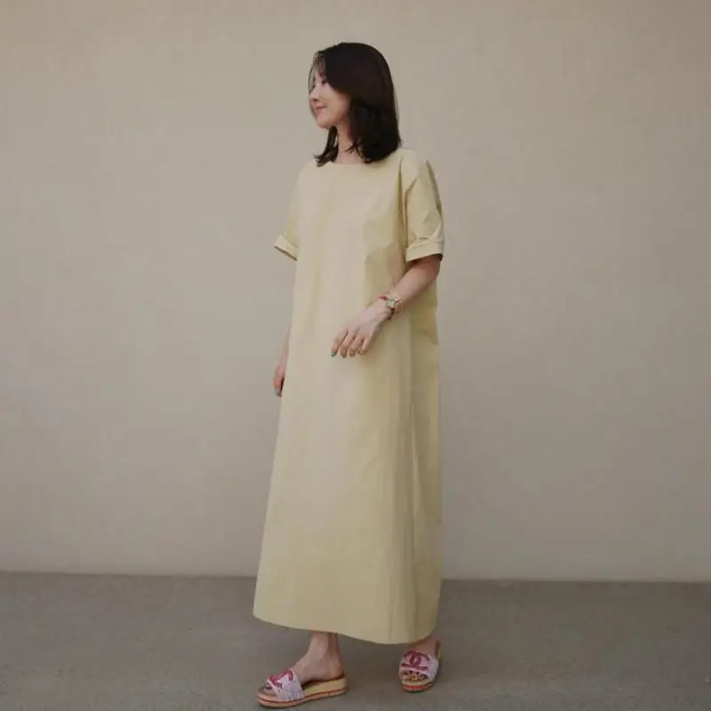 

Женское свободное платье с круглым вырезом, повседневное простое тонкое Хлопковое платье желтого цвета, универсальное платье в Корейском стиле, Новинка лета 2022