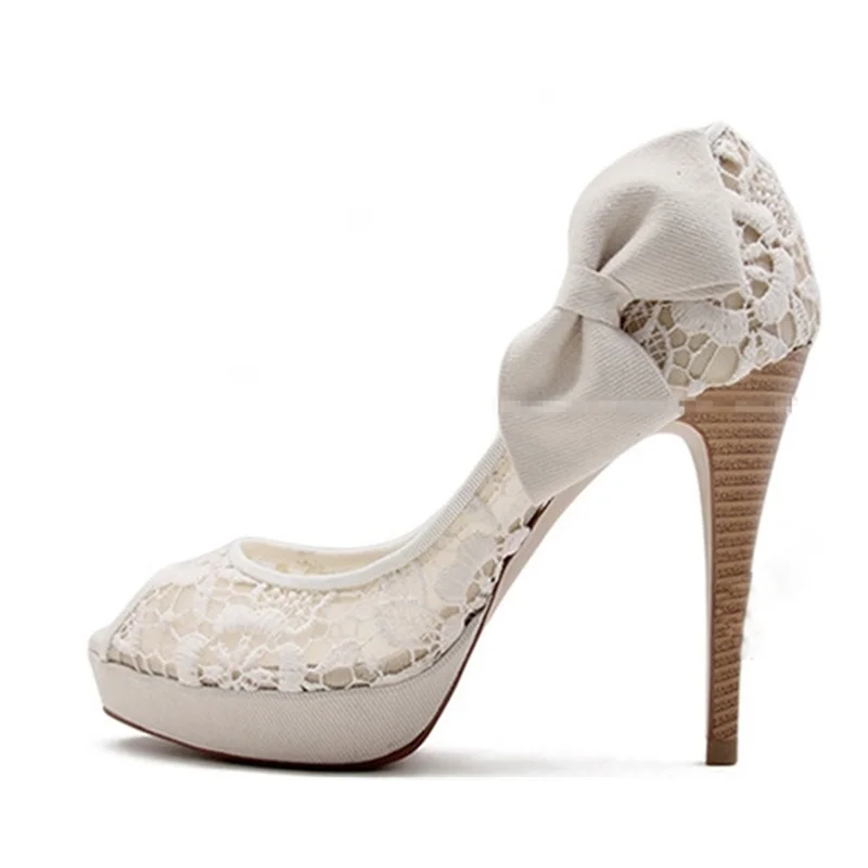 

2021 New White Lace Bridal Wedding Shoes Female Bow Knot Fish Mouth Single Shoes Female High-heeled Stiletto