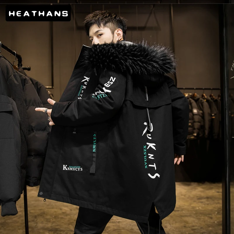 

Men's Hooded Parkas Mid-length Big Fur Collar Parka Overcoat Male Thick Cotton-padded Clothes Youth Slim Men Warm Cotton Outwear