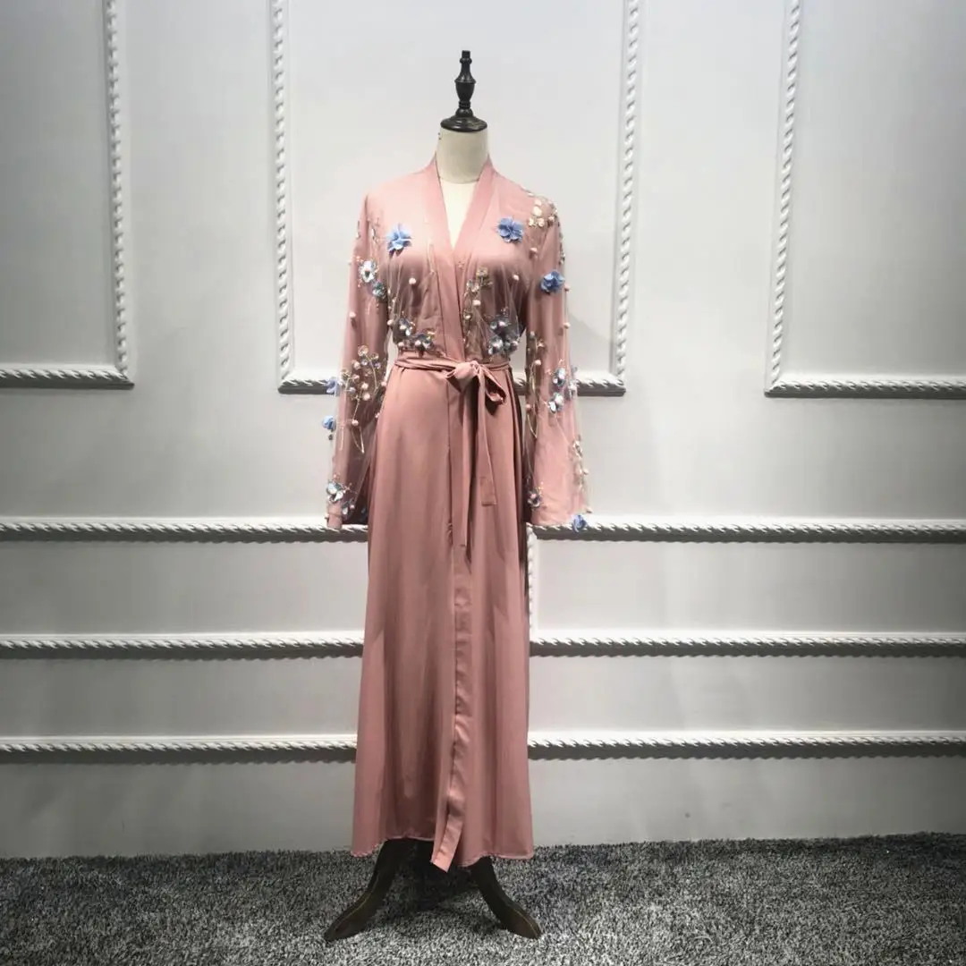 

Muslim Embroidery Abaya 3D Floral Maxi Dress Cardigan Long Dresses Tunic Kimono Ramadan Turkey Islamic Clothing Worship Service